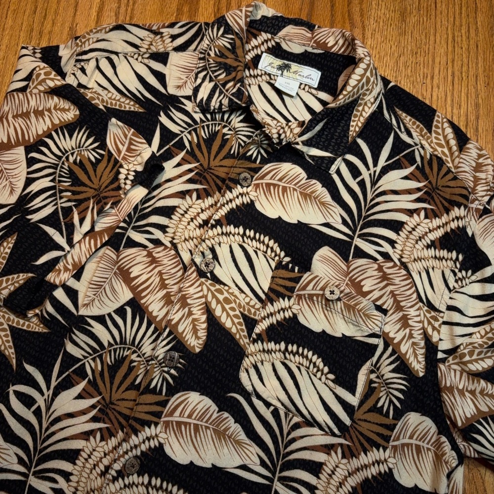 Joe Marlin Hawaiian Shirt Mens XXL Black Tan Tropical Leaf Rayon Camp Button Up